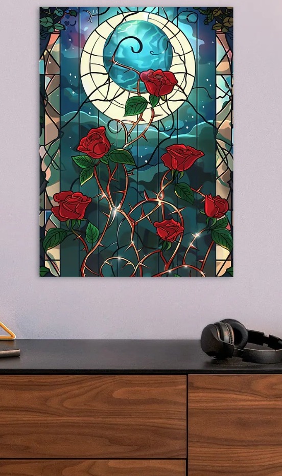 Stained Glass Roses with Moon — metal poster wall art by Lineer